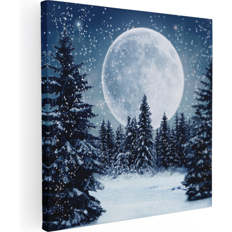 Artaza Canvas Schilderij Volle Maan in de Winterbos - 90x90 cm - Groot - Wanddecoratie Woonkamer - Schilderijen - Muurdecoratie afbeelding 1
