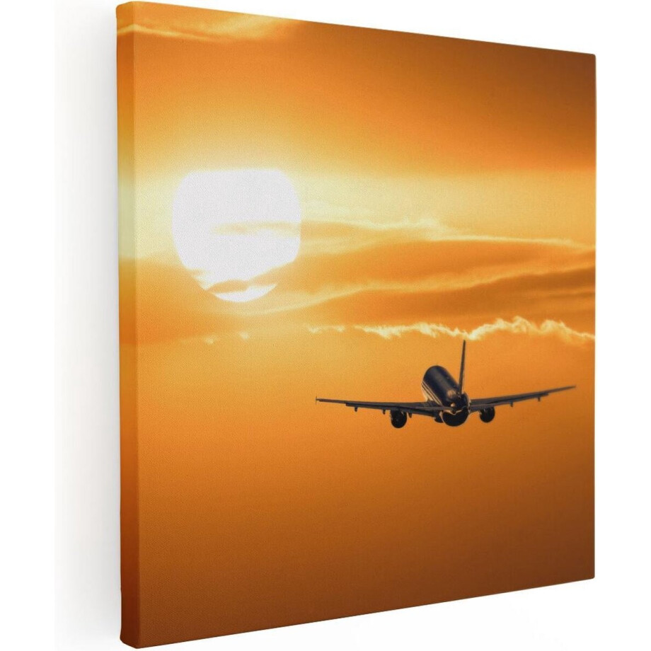 Artaza Canvas Schilderij Vliegtuig - 90x90 cm - Wanddecoratie Zonsondergang - Muurdecoratie Zon - Schilderijen Op Canvas afbeelding 1