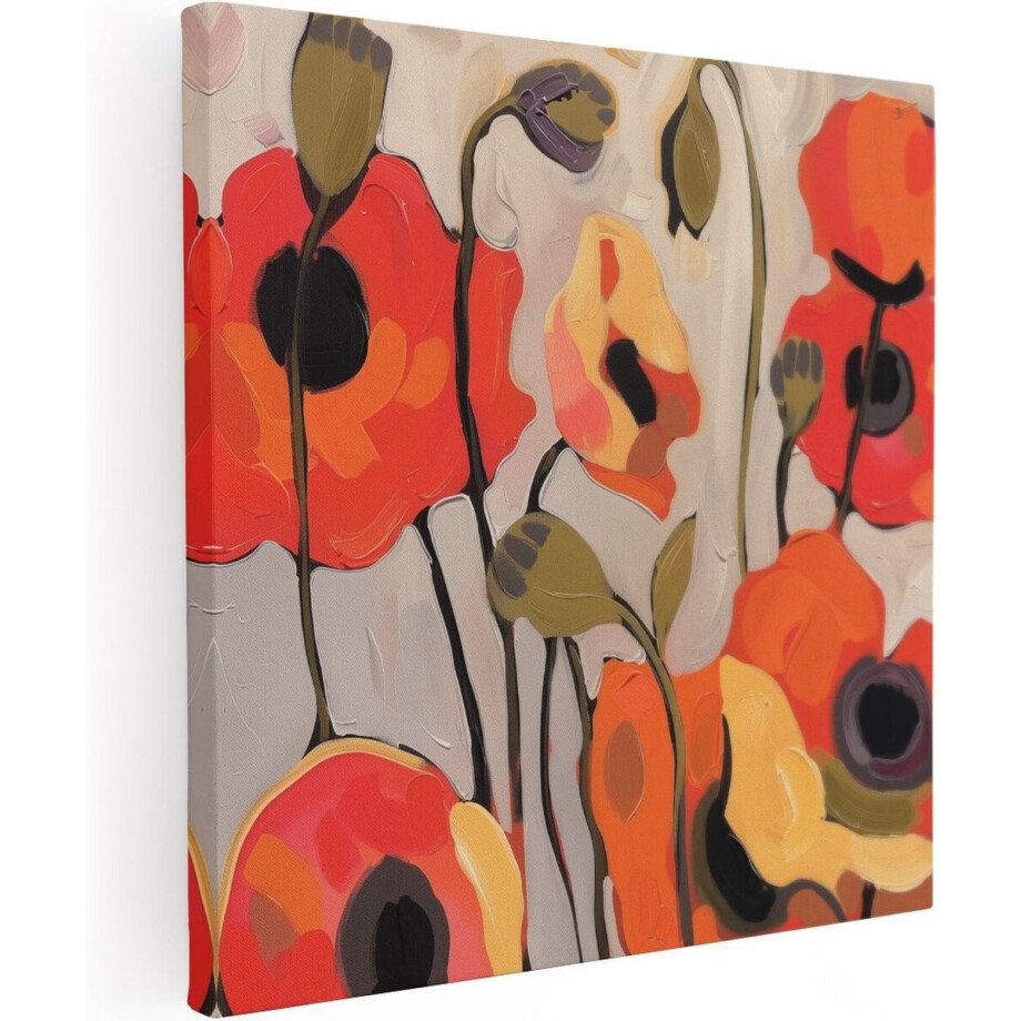 Artaza Canvas Schilderij Kunstwerk van Oranje Klaprozen - Bloemen - 60x60 cm - Wanddecoratie Woonkamer - Schilderijen - Muurdecoratie afbeelding 1