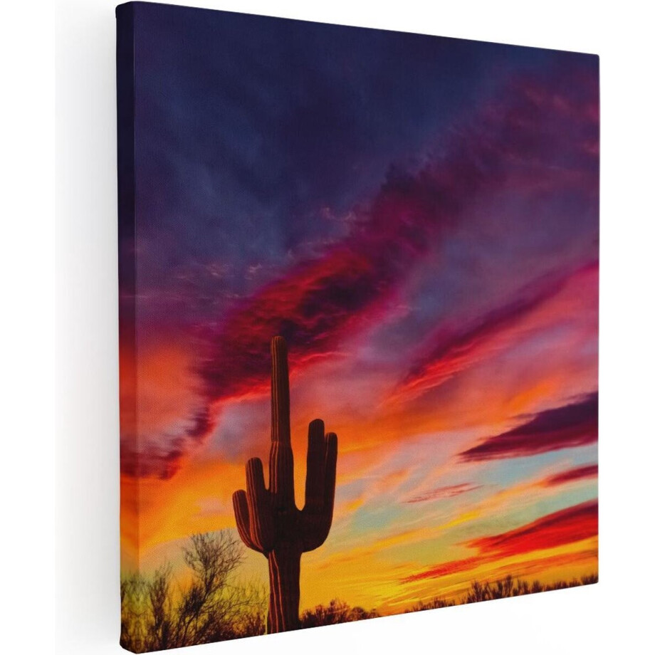 Artaza Canvas Schilderij Cactus bij Oranje Zonsondergang - 50x50 - Foto Op Canvas - Canvas Print afbeelding 1
