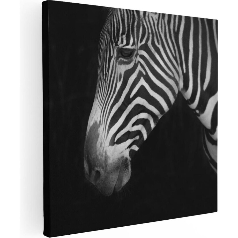 Artaza Canvas Schilderij Zebra Kop Vanaf De Zijkant - Zwart Wit - 80x80 cm - Groot - Wanddecoratie Woonkamer - Schilderijen - Muurdecoratie afbeelding 1