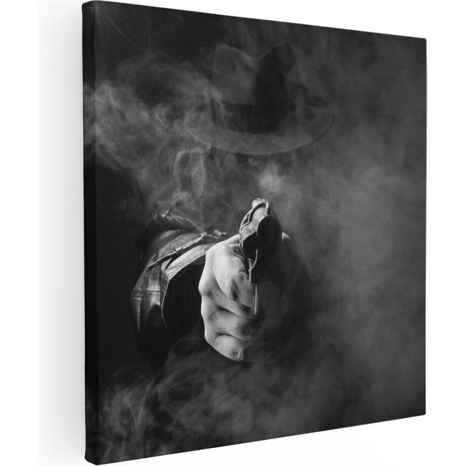 Artaza Canvas Schilderij Man Met Een Hoed Trekt Zijn Pistool - Zwart Wit - 30x30 - Klein - Foto Op Canvas - Canvas Print afbeelding 1