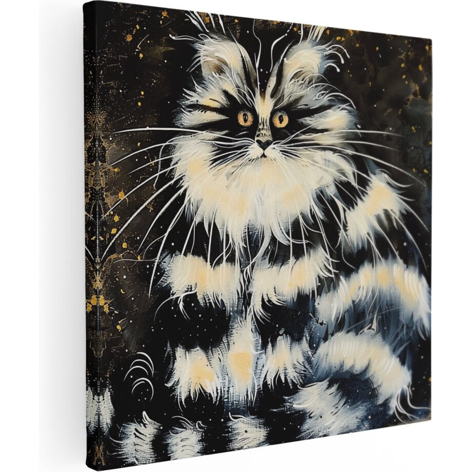 Artaza Canvas Schilderij Zwart Witte Kat op een Zwarte Achtergrond - Dieren - 60x60 cm - Wanddecoratie Woonkamer - Schilderijen - Muurdecoratie afbeelding 1
