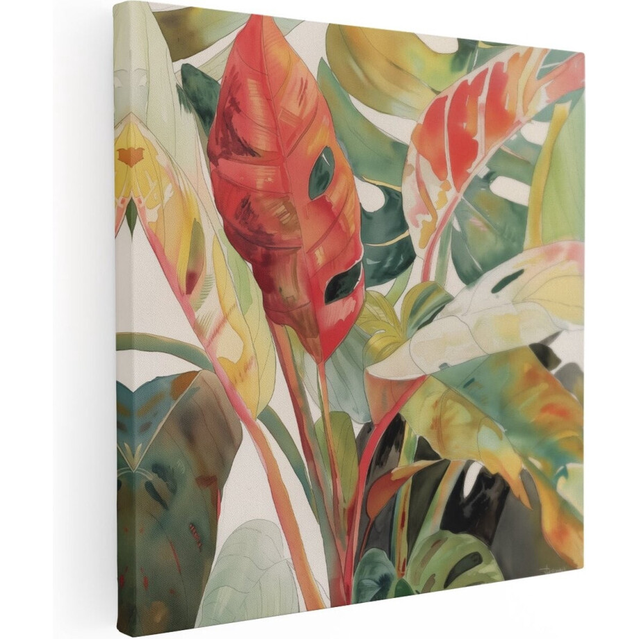 Artaza Canvas Schilderij Tropische Bladeren - 70x70 cm - Wanddecoratie Woonkamer - Schilderijen - Muurdecoratie afbeelding 1