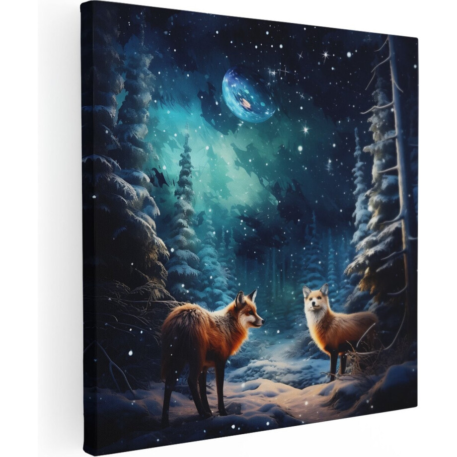 Artaza Canvas Schilderij Wolven in het Bos bij de Winternacht - 70x70 - Foto Op Canvas - Canvas Print afbeelding 1