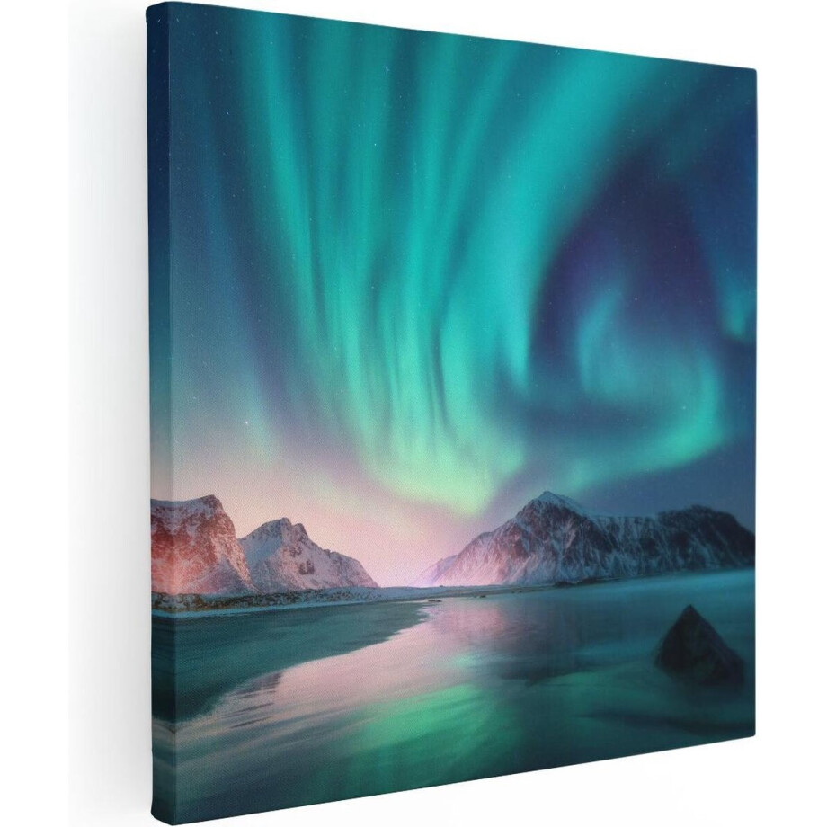 Artaza Canvas Schilderij Groene Noorderlicht in Noorwegen - 70x70 - Foto Op Canvas - Canvas Print afbeelding 1