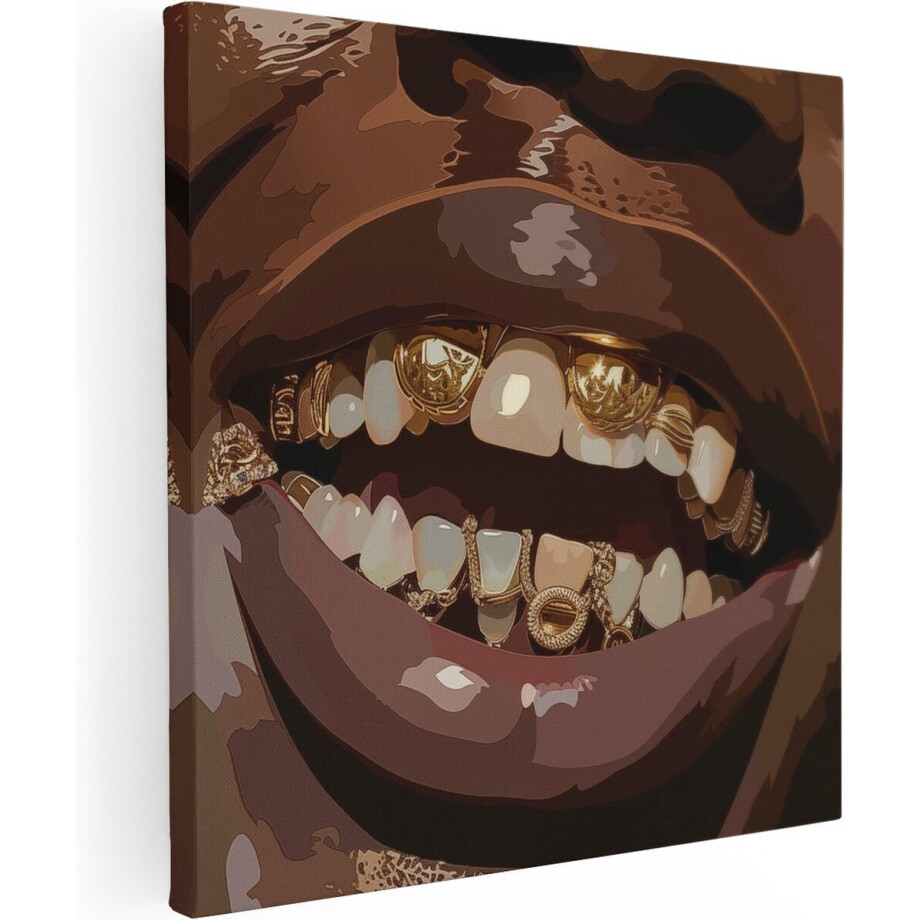 Artaza Canvas Schilderij Gouden Beugels op Tanden van een Man - 90x90 cm - Groot - Wanddecoratie Woonkamer - Schilderijen - Muurdecoratie afbeelding 1