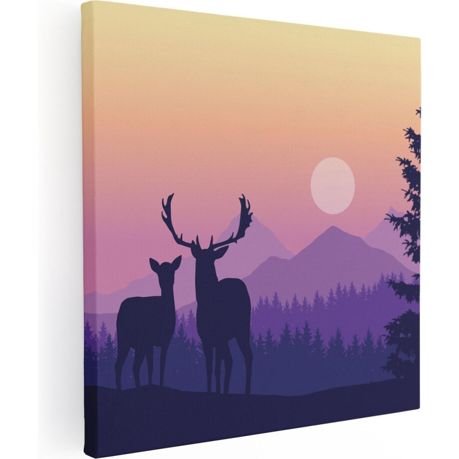Artaza Canvas Schilderij Hert - 90x90 cm - Wanddecoratie Silhouet - Muurdecoratie Bergen - Schilderijen Op Canvas Zonsondergang - Paars afbeelding 1