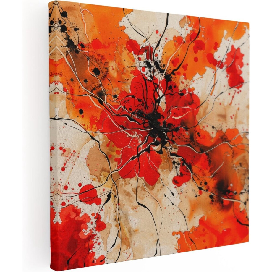 Artaza Canvas Schilderij Abstract Kunstwerk met Rode en Zwarte Verfspatten - 80x80 cm - Groot - Wanddecoratie Woonkamer - Schilderijen - Muurdecoratie afbeelding 1