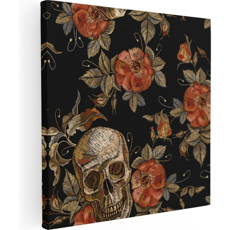 Artaza Canvas Schilderij Doodshoofd Met Rozen - 30x30 cm - Klein - Muurdecoratie Bloemen - Wanddecoratie Gothic - Kamer Accessoires afbeelding 1