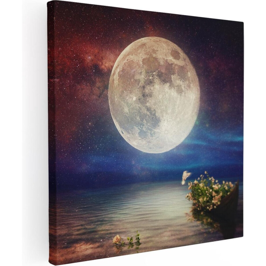 Artaza Canvas Schilderij Volle Maan in de Hemel boven het Water - 30x30 cm - Klein - Wanddecoratie Woonkamer - Schilderijen - Muurdecoratie afbeelding 1