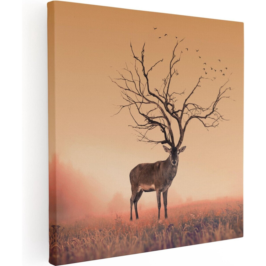 Artaza Canvas Schilderij Hert Met Een Bomen Gewei - 70x70 - Foto Op Canvas - Canvas Print afbeelding 1