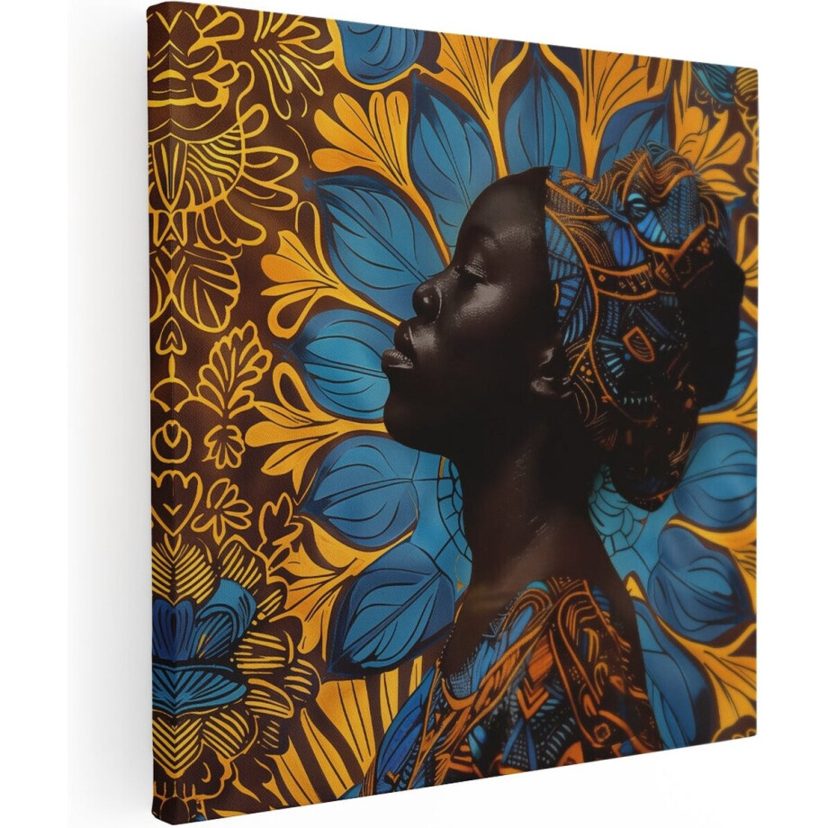 Artaza Canvas Schilderij Afrikaanse Vrouw met Hoofddoek - 30x30 cm - Klein - Wanddecoratie Woonkamer - Schilderijen - Muurdecoratie afbeelding 1