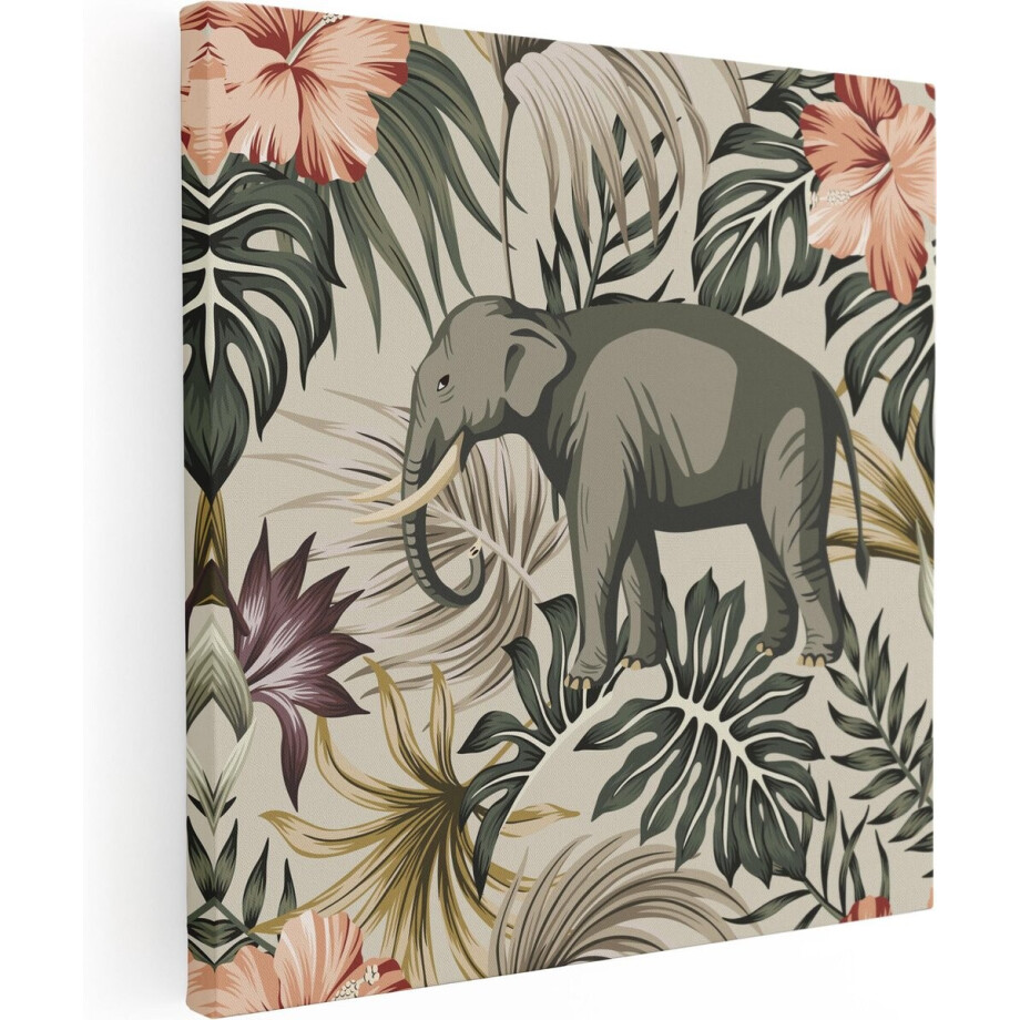 Artaza Canvas Schilderij Tropisch Getekende Olifant - Abstract - 90x90 - Groot - Foto Op Canvas - Canvas Print afbeelding 1