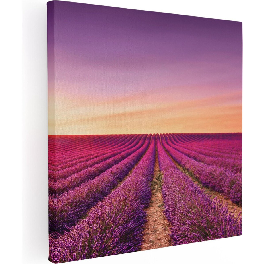 Artaza Canvas Schilderij Lavendelveld - 80x80 cm - Wanddecoratie Zonsondergang - Muurdecoratie Bloemen - Schilderijen Op Canvas Paars afbeelding 1