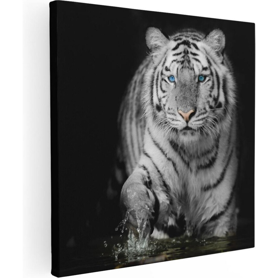 Artaza Canvas Schilderij Tijger Met Blauwe Ogen - Zwart Wit - 90x90 cm - Groot - Wanddecoratie Woonkamer - Schilderijen - Muurdecoratie afbeelding 1