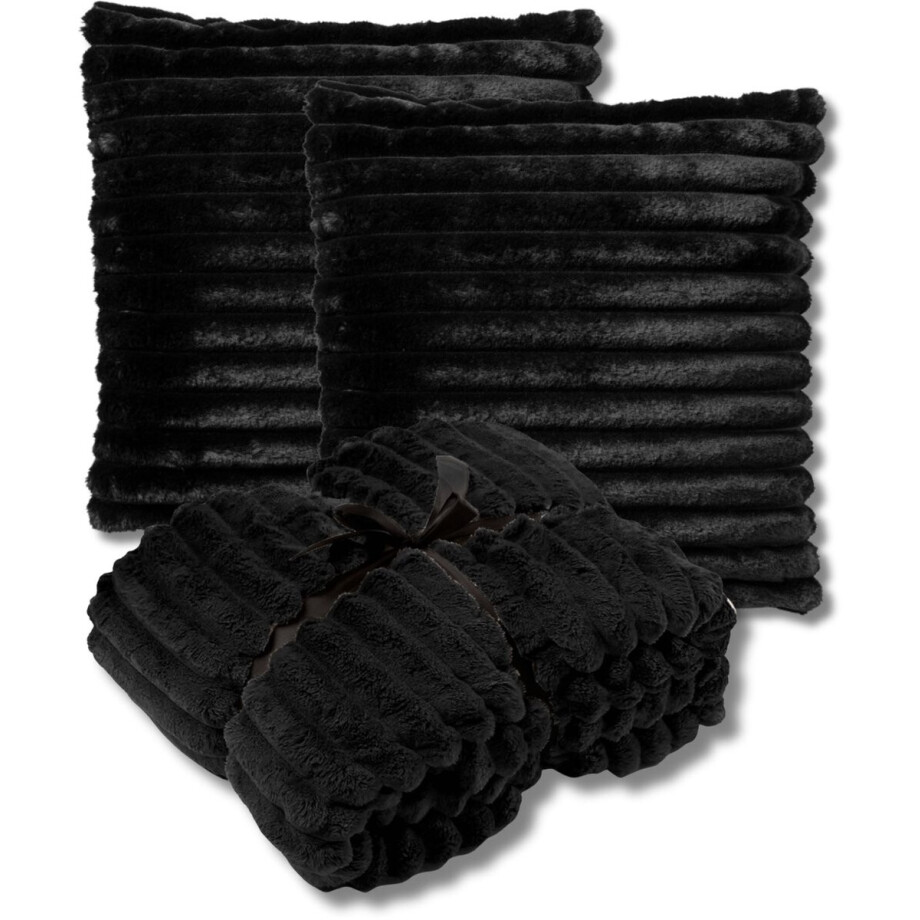 Dutch Decor - VOORDEELSET - 3-delig - Hazel & Ricky - 2 sierkussens 50x50 cm - 1 plaid 150x200 cm - zwart - Met Ritssluiting – Decoratie Kussens - Comfortabele kussentjes voor op de Bank afbeelding 1