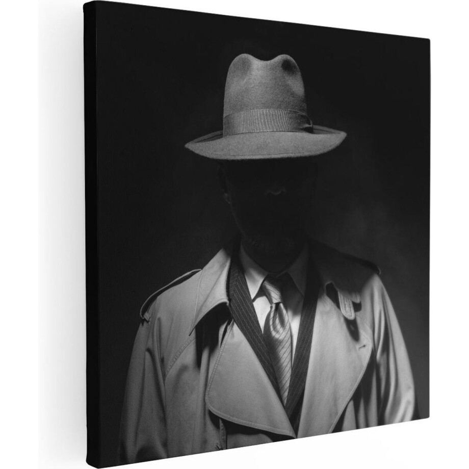 Artaza Canvas Schilderij Man Met Een Hoedje In Het Donker - Zwart Wit - 80x80 - Groot - Foto Op Canvas - Canvas Print afbeelding 1