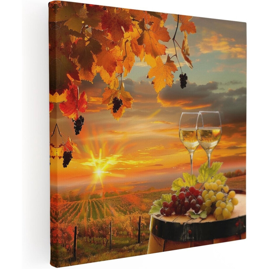 Artaza Canvas Schilderij Wijn - 70x70 cm - Wanddecoratie Herfst - Muurdecoratie Druiven - Schilderij Zonsondergang - Wijngaard afbeelding 1