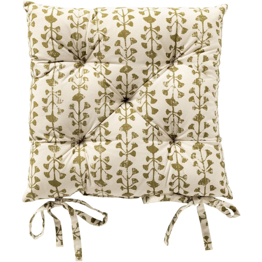 Dutch Decor - FRANCINE - stoelkussen 40x40 cm - bladmotief - met striklinten - Green Moss - groen, wit - Zitkussen afbeelding 1