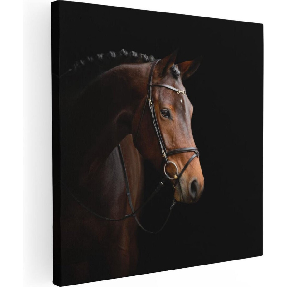 Artaza Canvas Schilderij Bruin Paard Op Een Zwart Achtergrond - 60x60 cm - Wanddecoratie Woonkamer - Schilderijen - Muurdecoratie afbeelding 1
