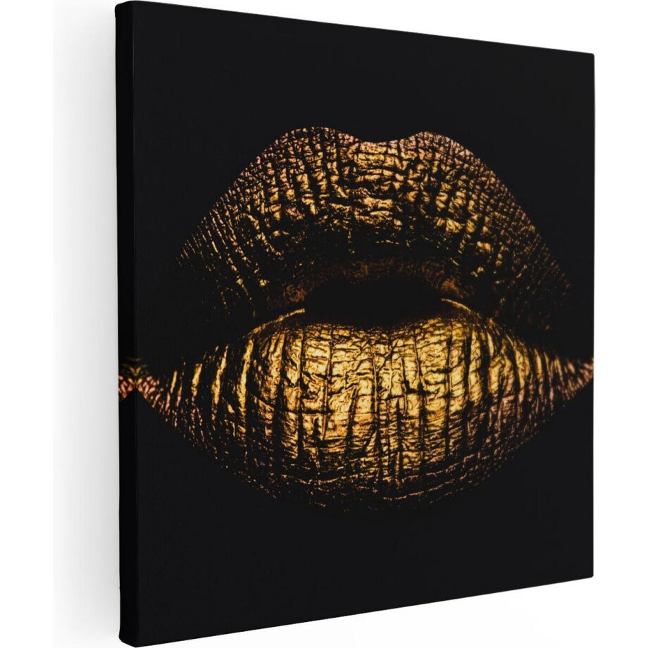 Artaza Canvas Schilderij Gouden Lippen - 60x60 cm - Wanddecoratie Vrouw - Muurdecoratie Goud - Schilderijen Op Canvas afbeelding 1
