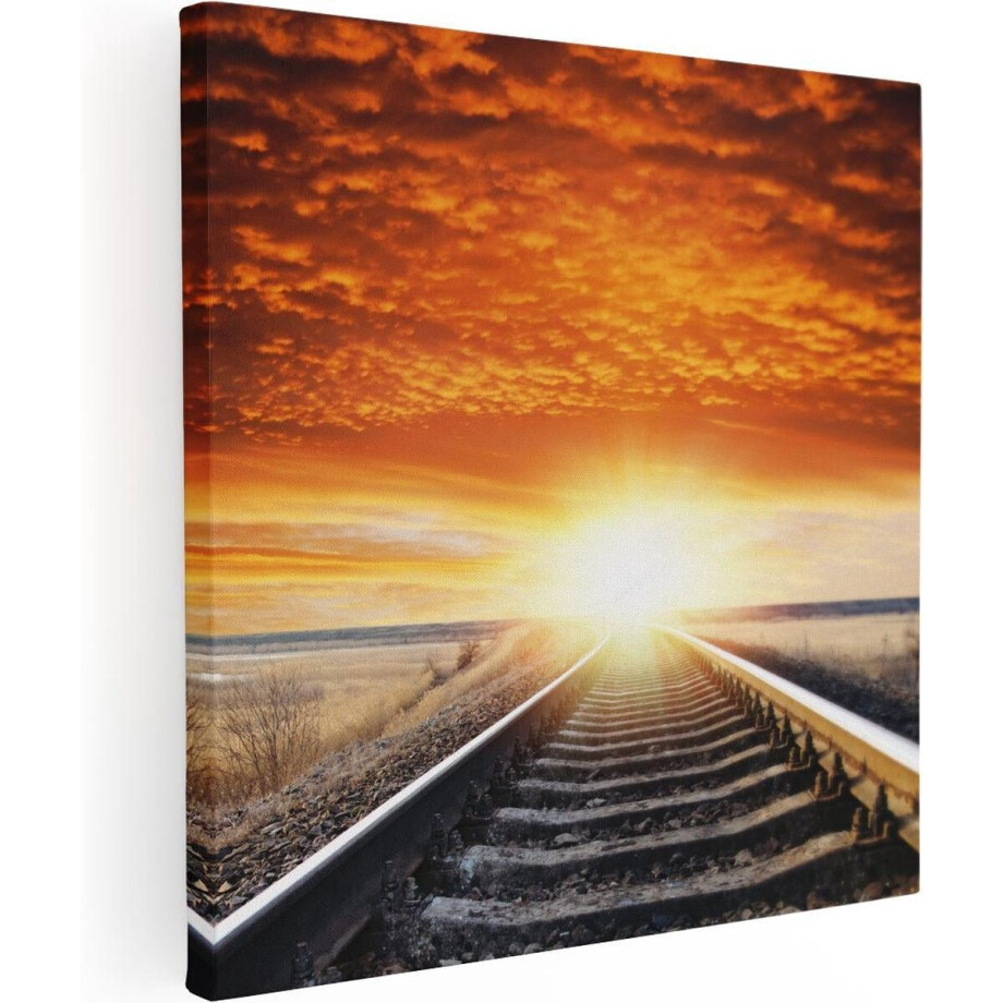 Artaza Canvas Schilderij Rails Spoorweg Bij Zonsondergang - 80x80 - Groot - Foto Op Canvas - Canvas Print afbeelding 1