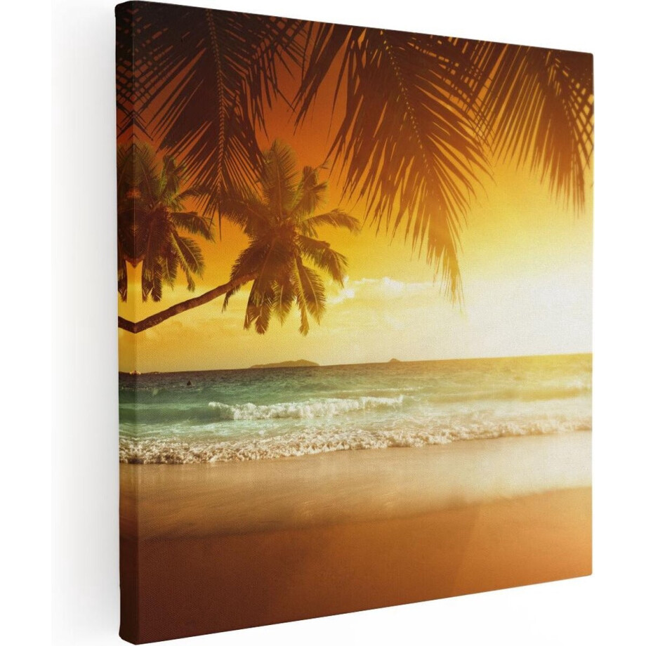 Artaza Canvas Schilderij Tropisch Strand Tijdens Zonsondergang - 50x50 cm - Wanddecoratie Woonkamer - Schilderijen - Muurdecoratie afbeelding 1
