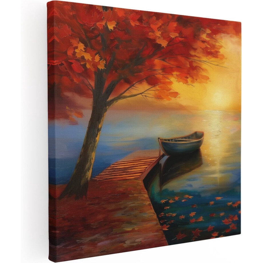 Artaza Canvas Schilderij Boot op een Dok bij Zonsondergang - 70x70 cm - Wanddecoratie Woonkamer - Schilderijen - Muurdecoratie afbeelding 1