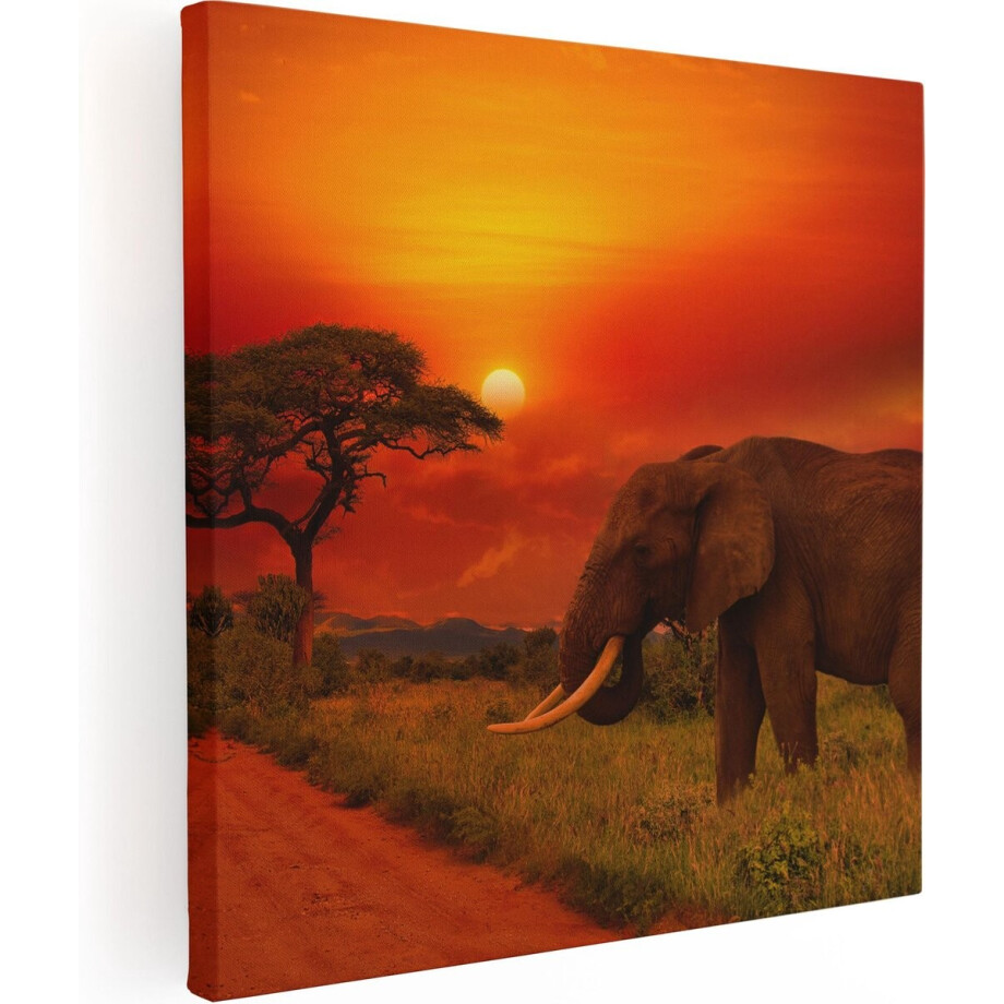 Artaza Canvas Schilderij Olifant - 80x80 cm - Wanddecoratie Afrika - Muurdecoratie Zonsondergang - Schilderijen Dieren afbeelding 1