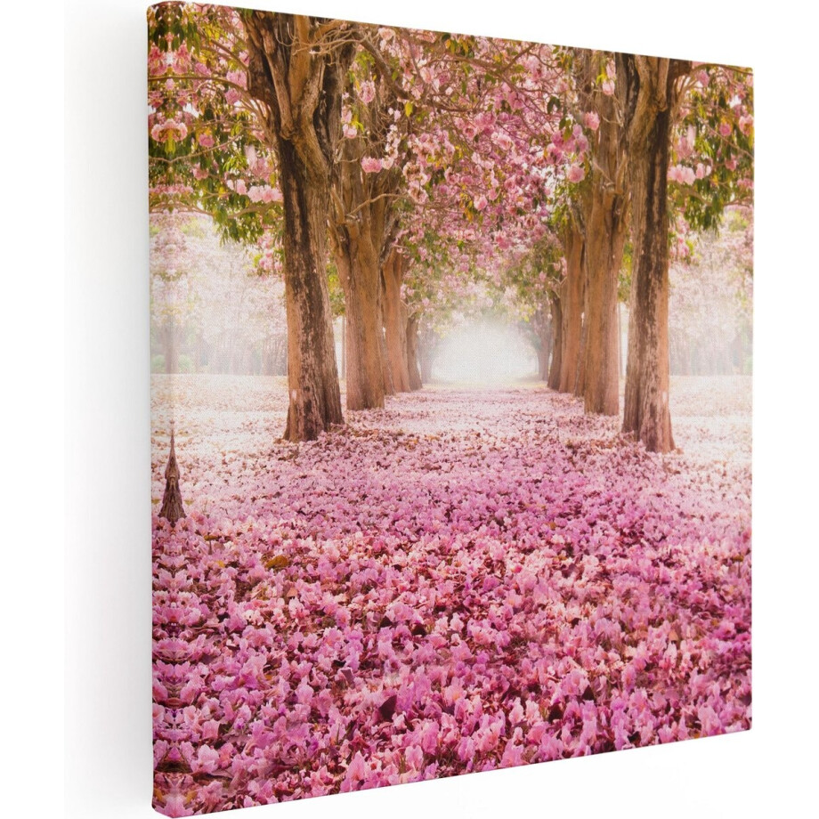 Artaza Canvas Schilderij Kersenbloesem Laan - 60x60 cm - Wanddecoratie Bloesem - Muurdecoratie Bomen - Schilderijen Op Canvas Natuur - Roze afbeelding 1