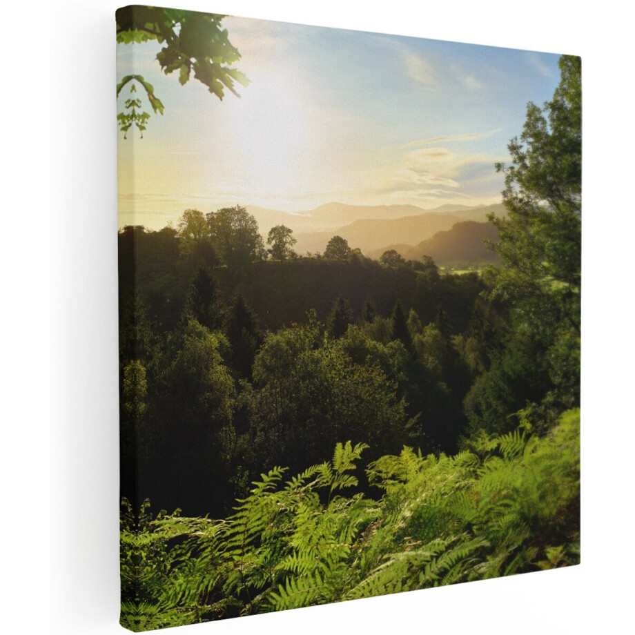 Artaza Canvas Schilderij Zonsondergang Vanuit Een Bos - 100x100 cm - Groot - Wanddecoratie Woonkamer - Schilderijen - Muurdecoratie afbeelding 1