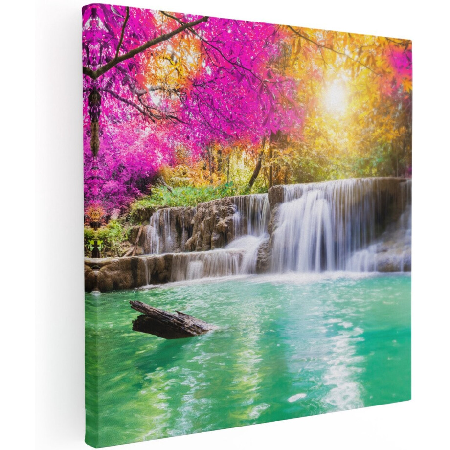 Artaza Canvas Schilderij Waterval Met Groen Water En Roze Bladeren - 100x100 cm - Groot - Wanddecoratie Woonkamer - Schilderijen - Muurdecoratie afbeelding 1