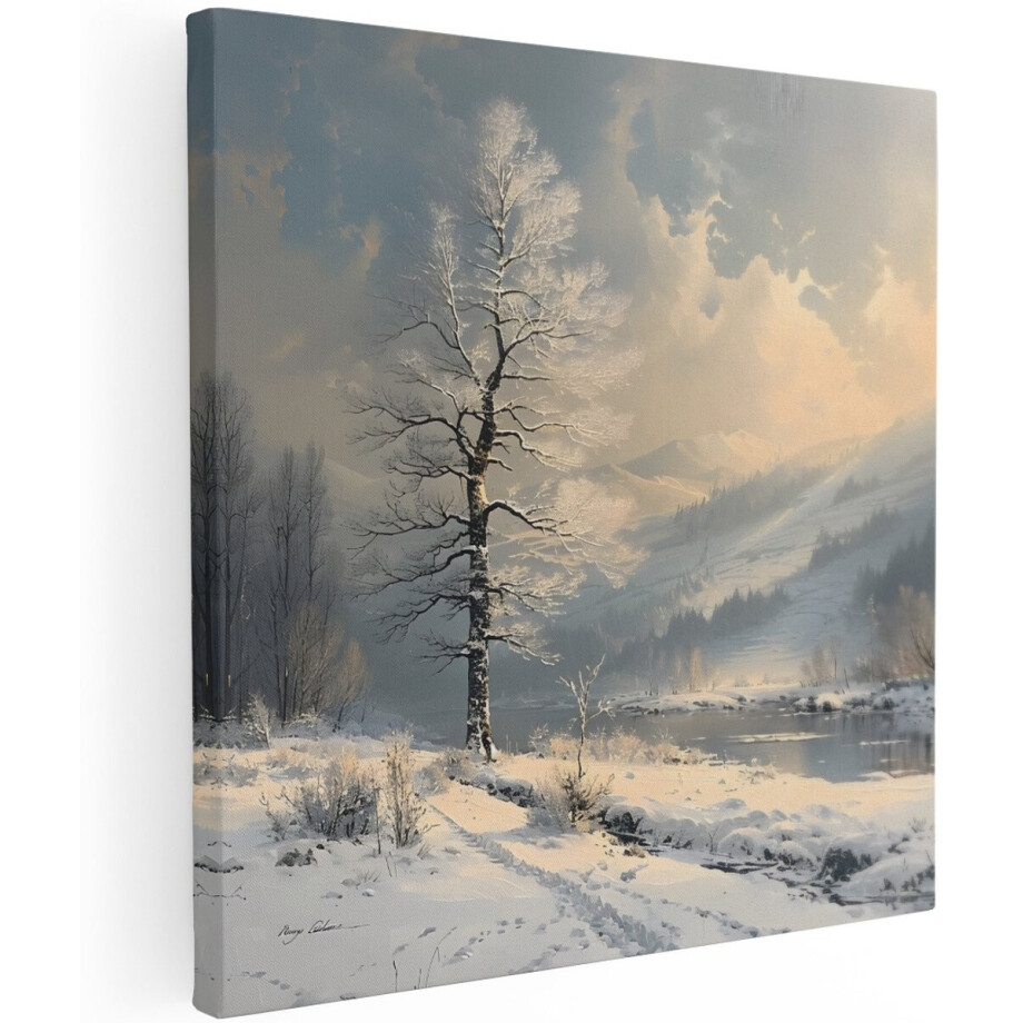 Artaza Canvas Schilderij Winterlandschap - 100x100 cm - Groot - Wanddecoratie Besneeuwde Boom - Muurdecoratie Bergen - Decoratie Natuur afbeelding 1