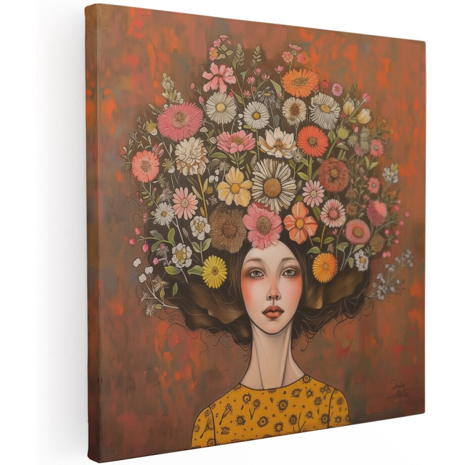 Artaza Canvas Schilderij Vrouw met Bloemen op haar Hoofd - Bloemen - 100x100 cm - Groot - Wanddecoratie Woonkamer - Schilderijen - Muurdecoratie afbeelding 1
