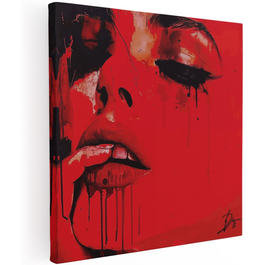 Artaza Canvas Schilderij Vrouw met Rode Verf op haar Gezicht - 100x100 cm - Groot - Wanddecoratie Woonkamer - Schilderijen - Muurdecoratie afbeelding 1