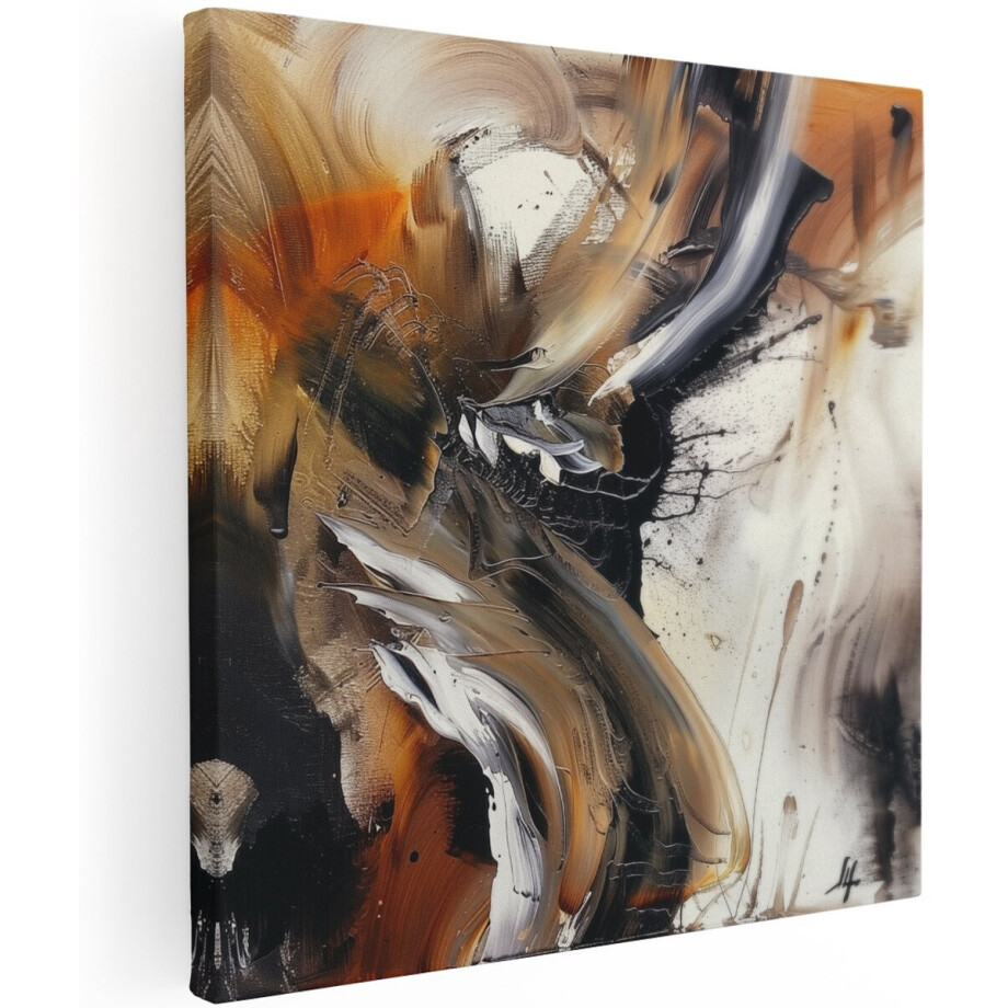 Artaza Canvas Schilderij Abstract met Zwarte Oranje en Witte Kleuren - 100x100 cm - Groot - Wanddecoratie Woonkamer - Schilderijen - Muurdecoratie afbeelding 1