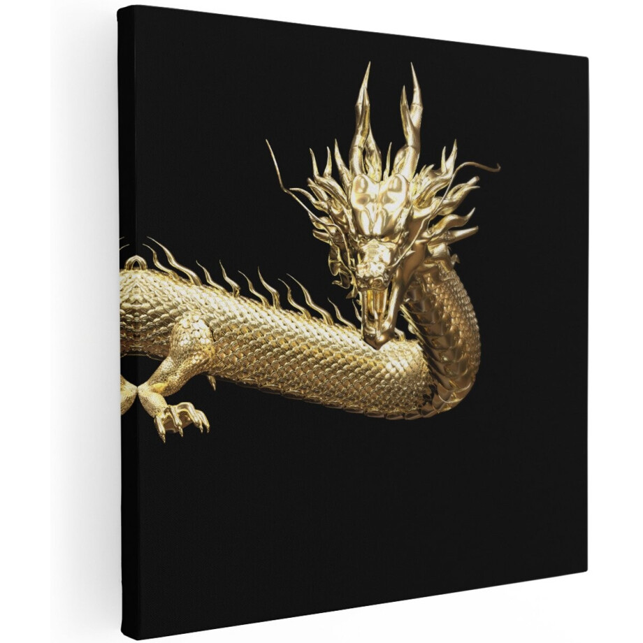 Artaza Canvas Schilderij Gouden Draak - 100x100 cm - Groot - Wanddecoratie Woonkamer - Schilderijen - Muurdecoratie afbeelding 1