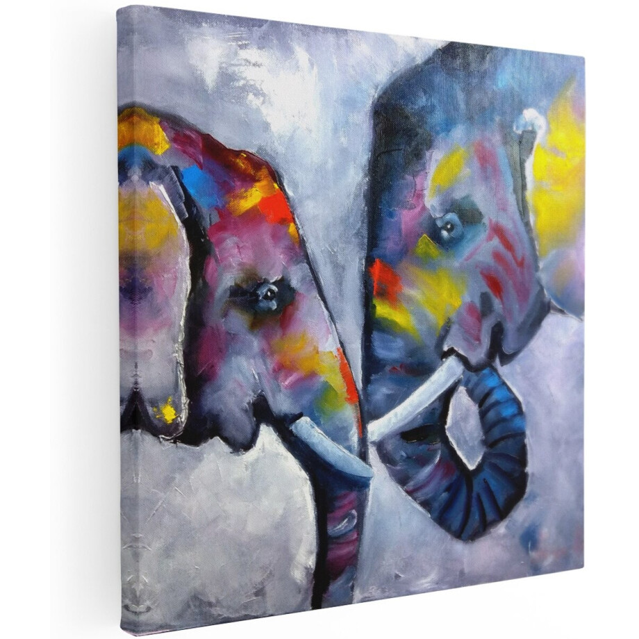 Artaza Canvas Schilderij Twee Getekende Olifanten - Abstract - 100x100 cm - Groot - Wanddecoratie Woonkamer - Schilderijen - Muurdecoratie afbeelding 1