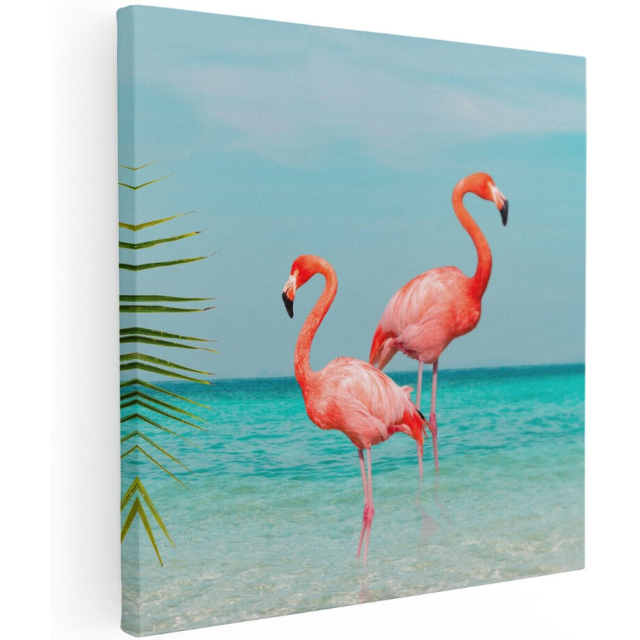 Artaza Canvas Schilderij Twee Flamingo's in het Water - 100x100 cm - Groot - Wanddecoratie Woonkamer - Schilderijen - Muurdecoratie afbeelding 1