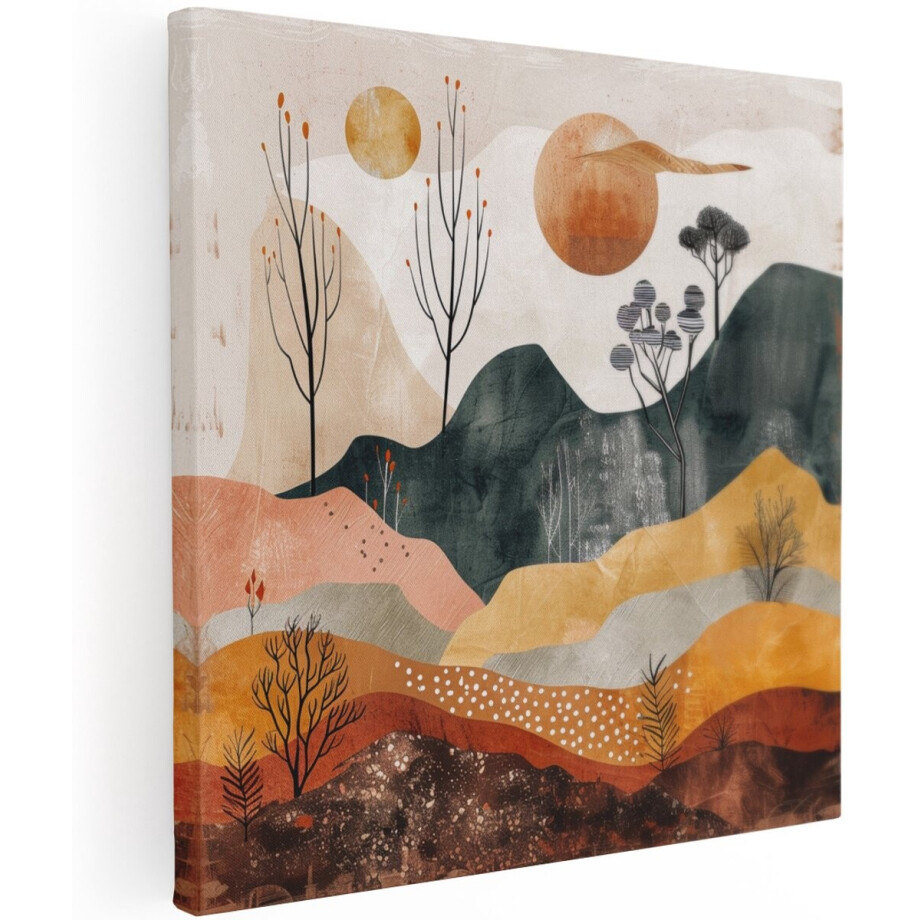 Artaza Canvas Schilderij Abstract Landschap - 100x100 cm - Groot - Wanddecoratie Boho - Muurdecoratie Bergen - Decoratie Aardetinten Woonkamer afbeelding 1
