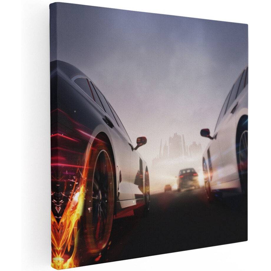 Artaza Canvas Schilderij Twee Raceauto's - Blauw Tegen Rood - 100x100 cm - Groot - Wanddecoratie Woonkamer - Schilderijen - Muurdecoratie afbeelding 1
