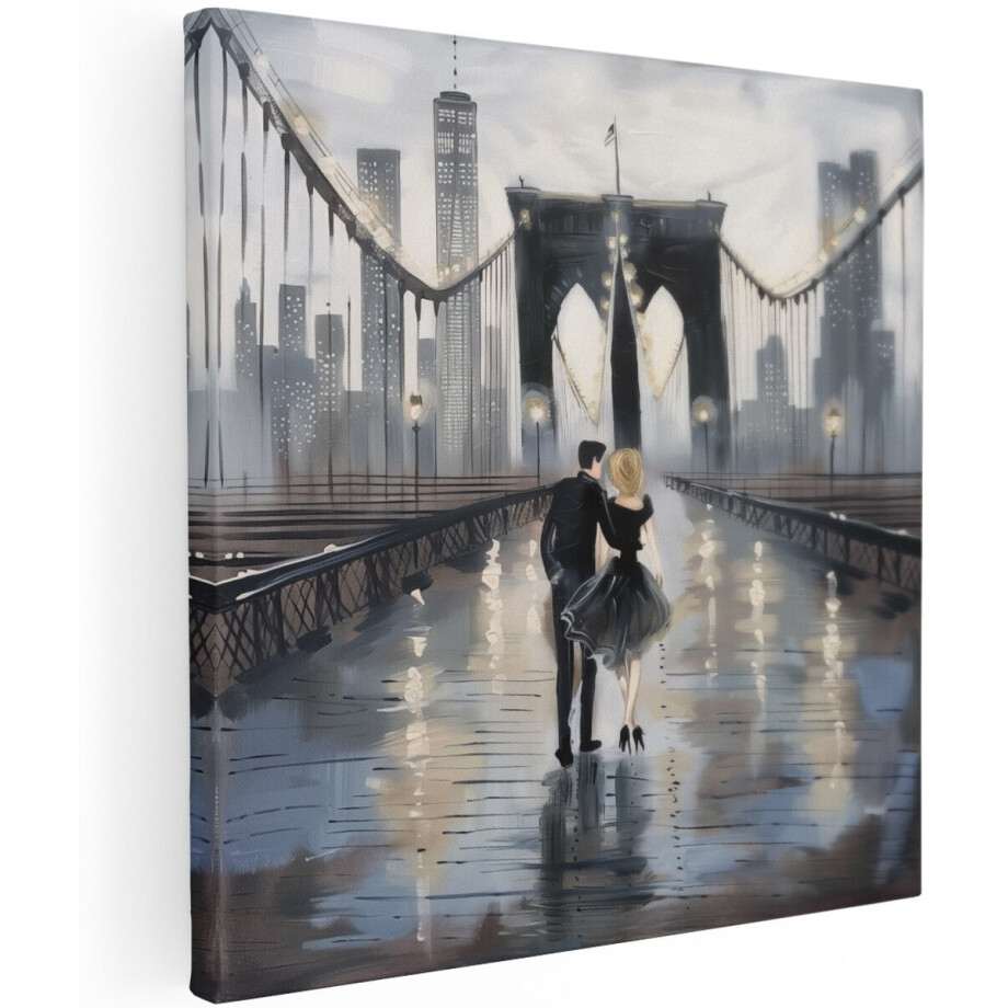 Artaza Canvas Schilderij Brooklyn Bridge - New York - 100x100 cm - Groot - Wanddecoratie Woonkamer - Schilderijen - Muurdecoratie afbeelding 1