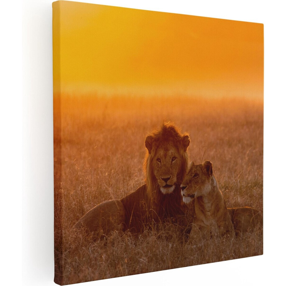 Artaza Canvas Schilderij Leeuw En Leeuwin Tijdens Zonsondergang - 60x60 - Foto Op Canvas - Canvas Print afbeelding 1