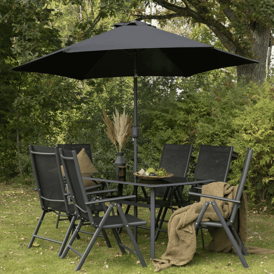 Nohr Outdoor Diningset 'Rosemary' Met parasol, kleur Zwart Nohr Outdoor Diningset 'Rosemary' Met parasol, kleur Zwart afbeelding 1