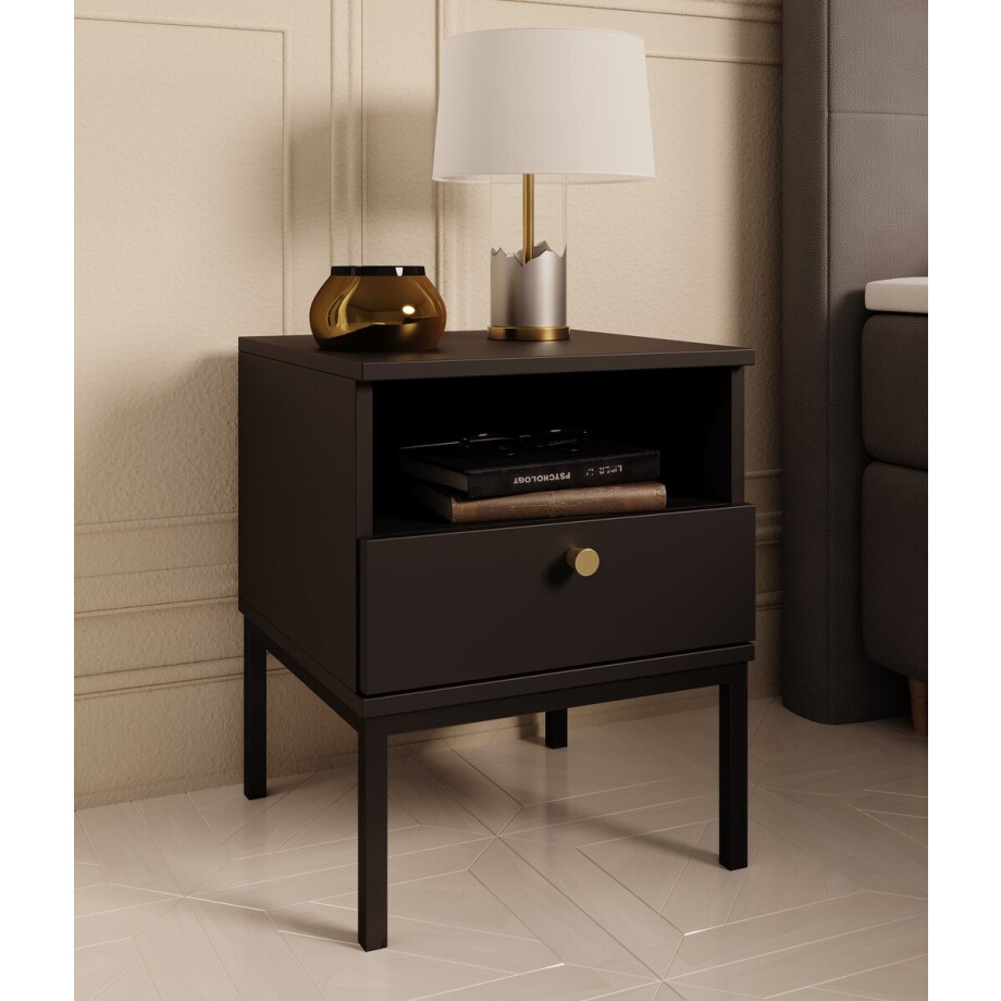 Meubella - Nachtkastje Lagos - Zwart - 40 cm Meubella - Nachtkastje Lagos - Zwart - 40 cm afbeelding 1