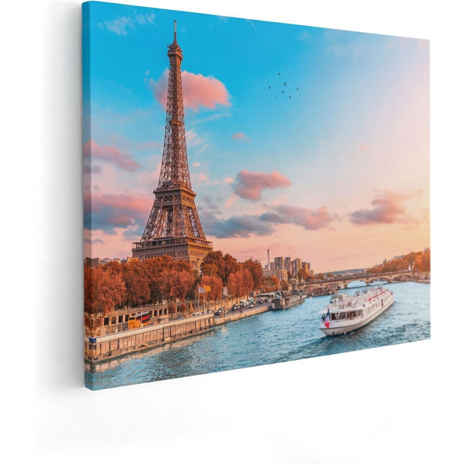 Artaza Canvas Schilderij Eiffeltoren - 100x80 cm - Groot - Wanddecoratie Parijs - Muurdecoratie Zonsondergang - Schilderijen Op Canvas Skyline afbeelding 1