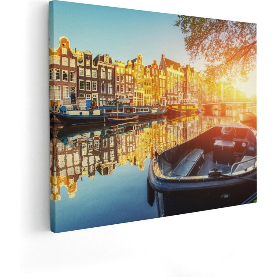 Artaza Canvas Schilderij Amsterdamse Brug - Gracht - Met Bloemen - 50x40 - Foto Op Canvas - Canvas Print afbeelding 1
