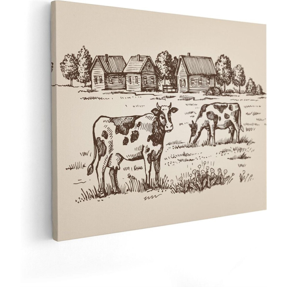Artaza Canvas Schilderij Getekende Koeien Op Een Boerderij - Abstract - 100x80 - Groot - Foto Op Canvas - Canvas Print afbeelding 1