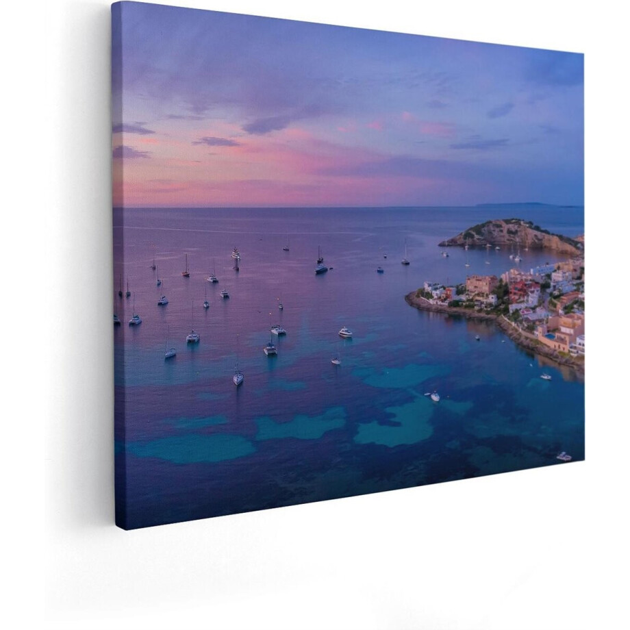 Artaza Canvas Schilderij Kustdorp - 100x80 cm - Groot - Wanddecoratie Zee - Muurdecoratie Zonsondergang - Schilderijen Op Canvas Jachthaven afbeelding 1